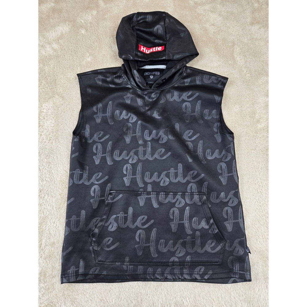 Encrypted Mens Black Sleeveless Hoodie Hustle All‎ Over Print Size L